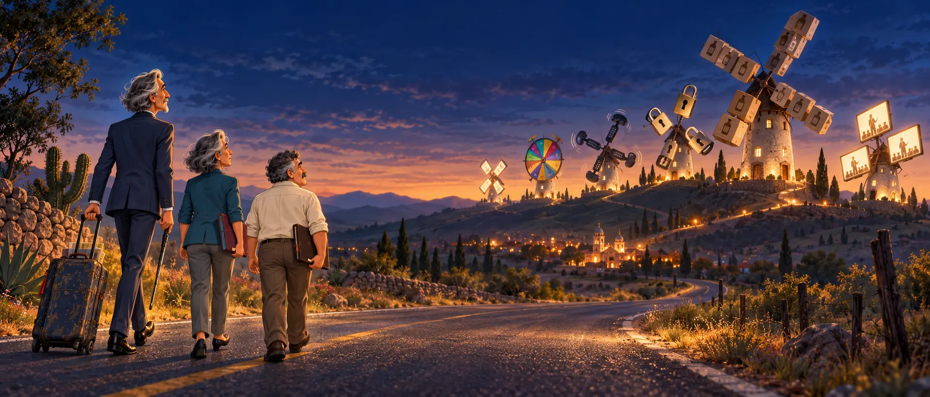 Camino nocturno entre molinos del universo de Don Liderjote